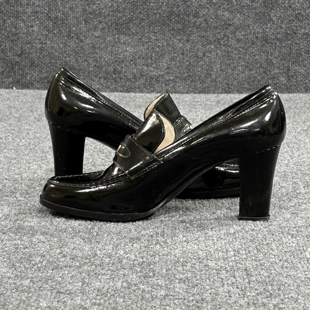 Chanel Shoes Womens 7.5 EU 38 Black Patent Loafer Bow Block Heel Pumps Italy